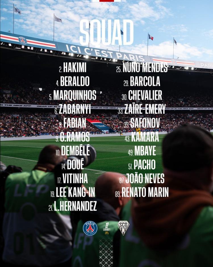 巴黎对阵昂热大名单：登贝莱领衔，多纳鲁马、K77缺席